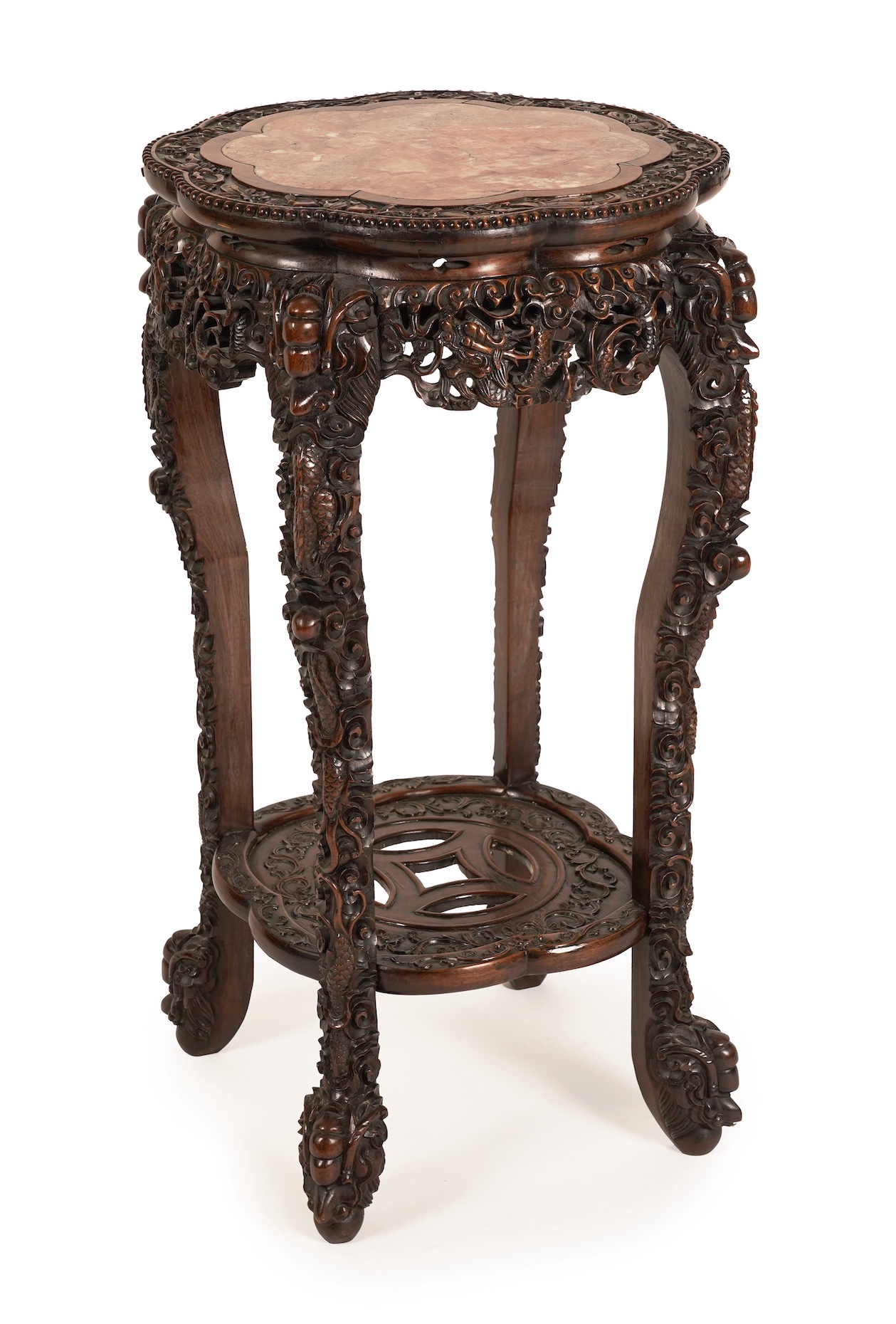 A Chinese hongmu and marble ‘dragon’ jardiniere stand, late 19th century